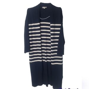 LOFT Navy Blue White Stripe Long Open Front Cardigan Size Medium